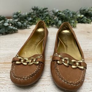 Arturo Chiang Brown Leather Loafers with Gold Chain
